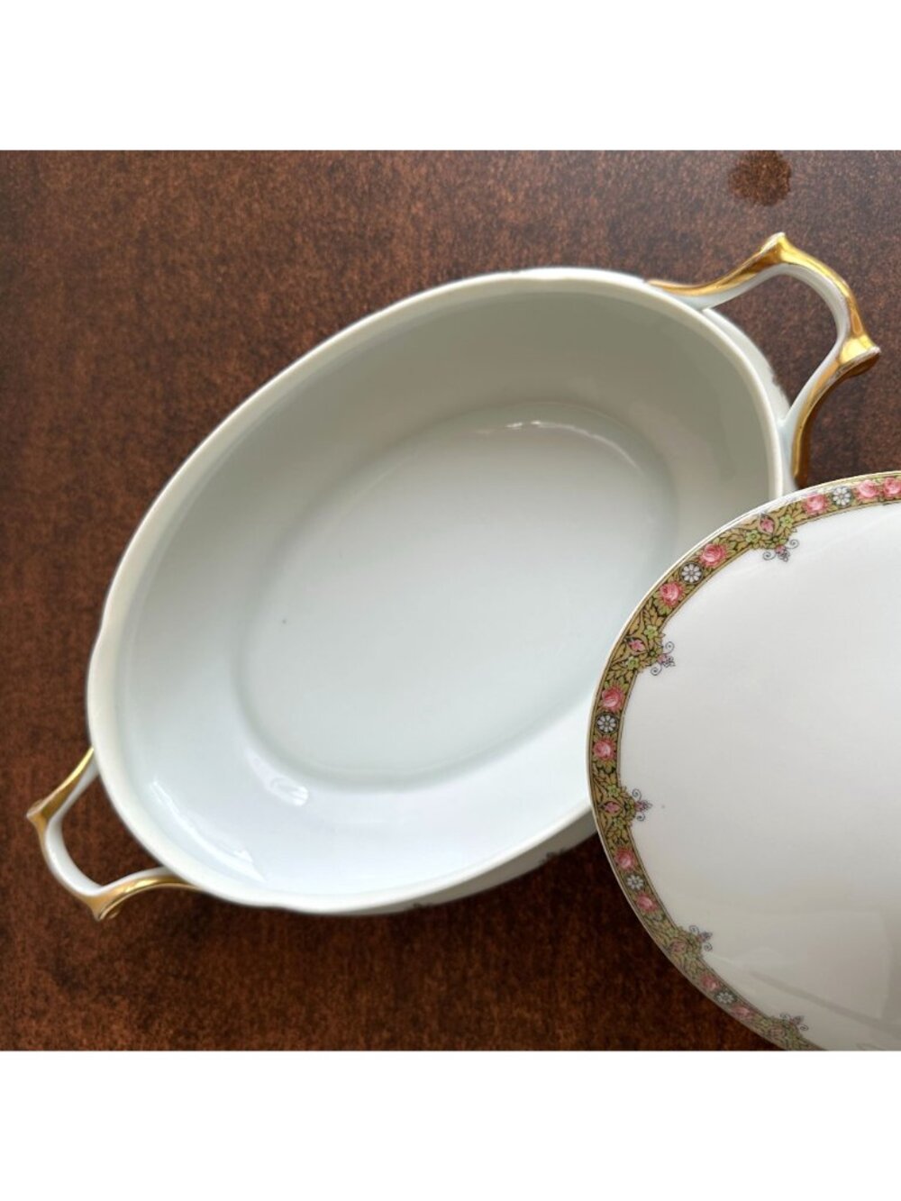 Antique Limoges Covered Vegetable Tureen A Lanternier LNT39 Pink Roses Gold Gilt - Picture 7 of 12